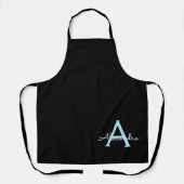 Aqua Teal Blauwe Script Meisjesachtige Monogram Na Schort (Voorkant)