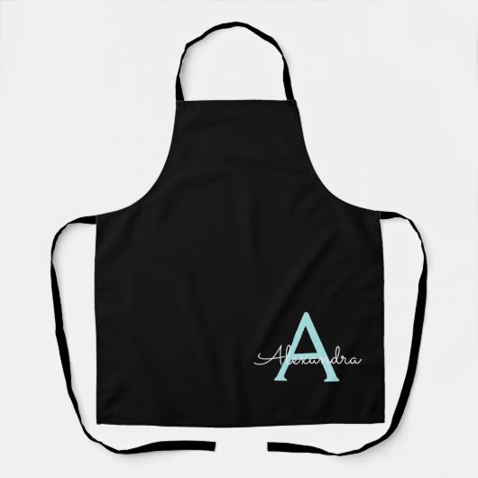 Aqua Teal Blauwe Script Meisjesachtige Monogram Na Schort (Voorkant)