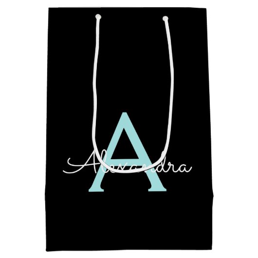 Aqua Teal Blauwe Script Meisjesnaam Monogram Medium Cadeauzakje (Achterkant)