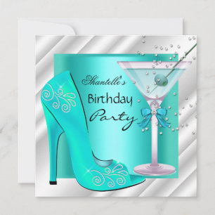 Aqua Teal Blauwe Witte Martini Verjaardagsfeestje Kaart