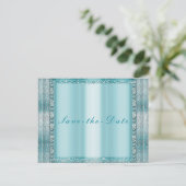 Aqua Teal Blauwe Zilveren Diamanten Bling Save the Aankondigingskaart (Staand voorkant)