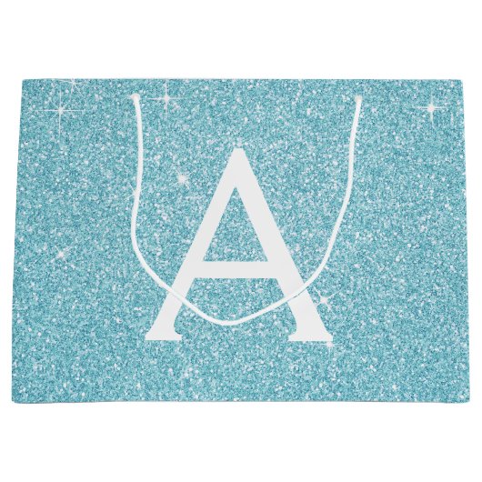 Aqua Teal Blue Glitter & Sparkle Monogram Groot Cadeauzakje (Voorkant)