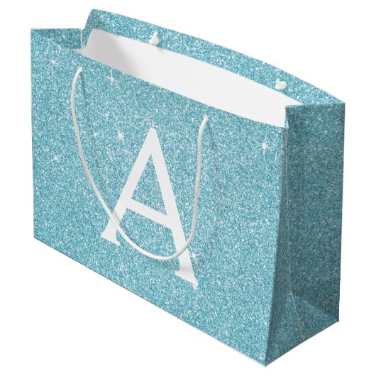 Aqua Teal Blue Glitter & Sparkle Monogram Groot Cadeauzakje (Achterkant Gekanteld)