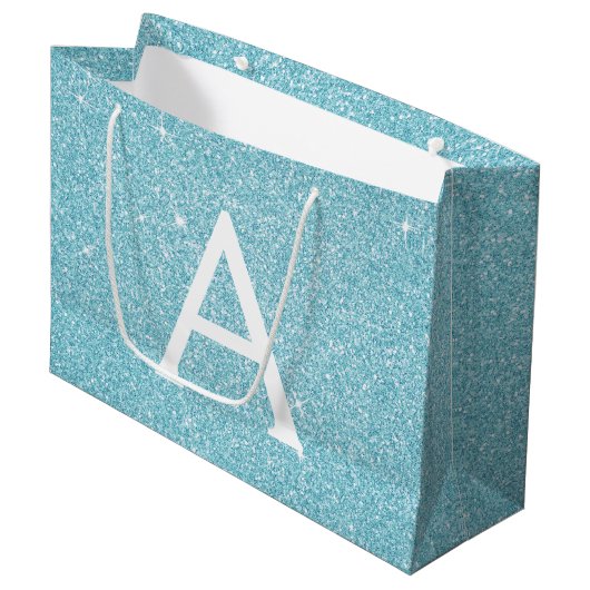 Aqua Teal Blue Glitter & Sparkle Monogram Groot Cadeauzakje (Voorkant Gekanteld)