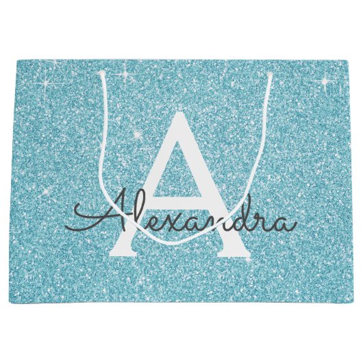 Aqua Teal Blue Glitter & Sparkle Monogram Groot Cadeauzakje (Voorkant)