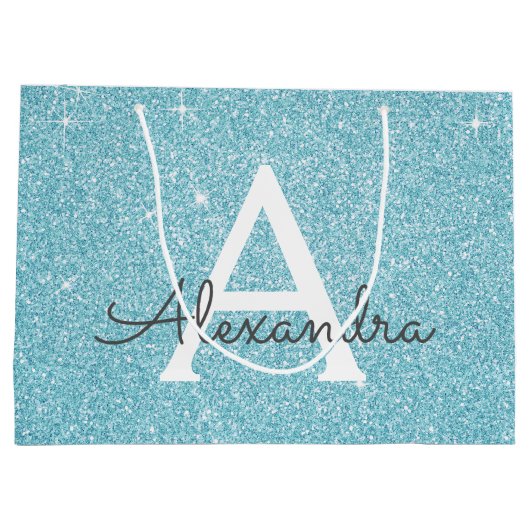 Aqua Teal Blue Glitter & Sparkle Monogram Groot Cadeauzakje (Achterkant)