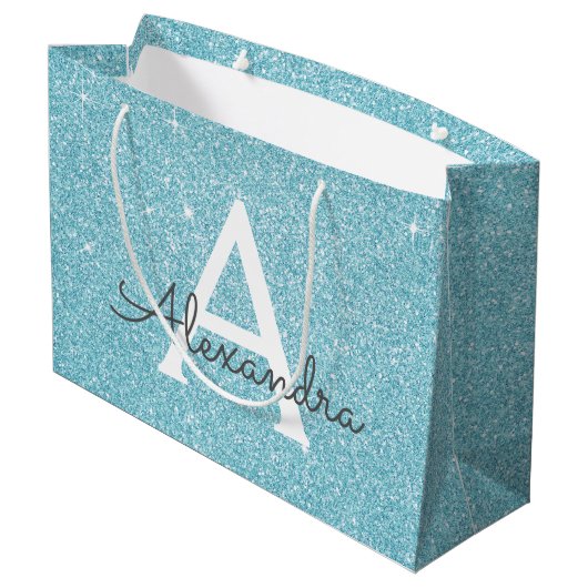 Aqua Teal Blue Glitter & Sparkle Monogram Groot Cadeauzakje (Achterkant Gekanteld)