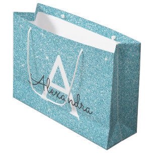 Aqua Teal Blue Glitter & Sparkle Monogram Groot Cadeauzakje