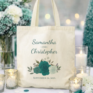 Aqua & Teal Boho Rozen Huwelijk Namen Trouwen Tote Bag
