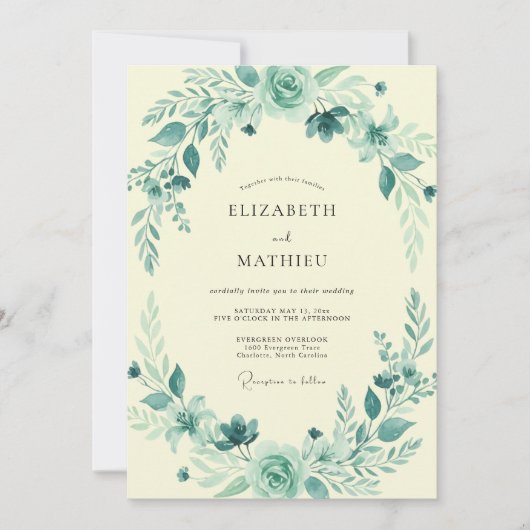 Aqua Teal Botanische Bruiloft Kaart (Voorkant)