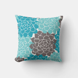 Aqua Teal en Graphietgrijze Bloemencollage Kussen