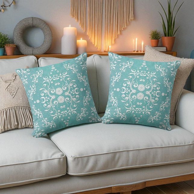 Aqua Teal en Witte Bloemendamast Kussen (Creator heeft geüpload)