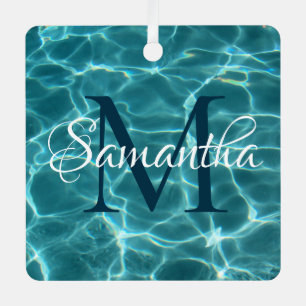 Aqua Teal en Witte Zwembad Foto Monogram Metalen Ornament