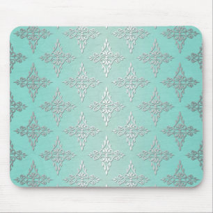 Aqua Teal en Zilveren Witte Damast Patroon Muismat