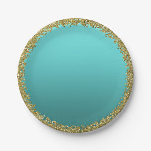 Aqua Teal Gedompelde Gouden Glitter Glam Glans Fee Papieren Bordje
