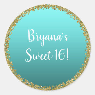 Aqua Teal Gedompelde Gouden Glitter Glam Glans Fee Ronde Sticker