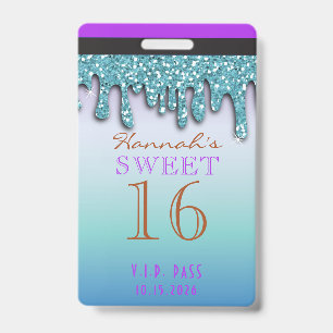 Aqua Teal Glitter Druipende Drip Sweet Sixteen VIP Badge
