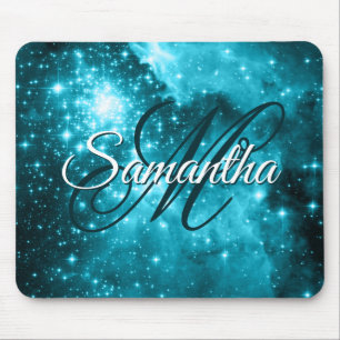 Aqua Teal Glitterende Sterren Hemels Fantasie Mono Muismat