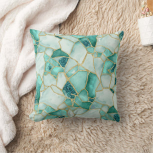 Aqua Teal Goud Aquarel Zee Glas Mozaïek Patroon Kussen