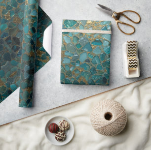 Aqua Teal Goud Mozaïek Waterverf Zee Glas patroon Cadeaupapier