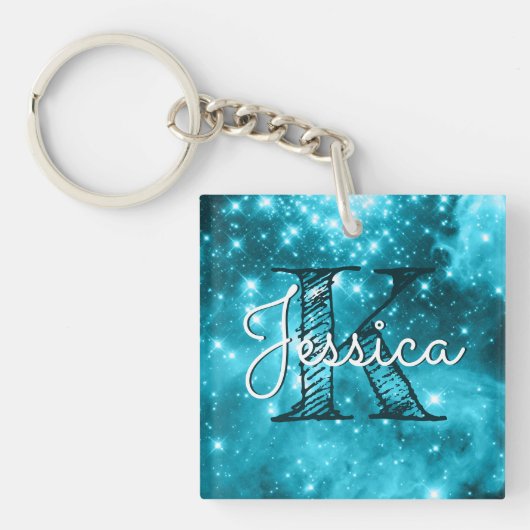Aqua Teal Hemelse Ster Monogram Sleutelhanger (Voorkant)
