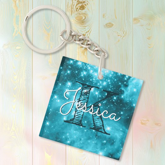 Aqua Teal Hemelse Ster Monogram Sleutelhanger