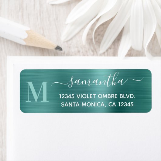 Aqua Teal Moderne Handtekening Monogram Etiket (Insitu)