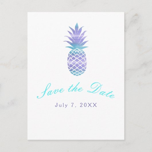 Aqua Teal Paarse Ananas Tropisch Bewaar de Datum Aankondigingskaart (Voorkant)