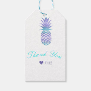 Aqua Teal & Paarse Ananas Tropisch Chic Feestje Cadeaulabel