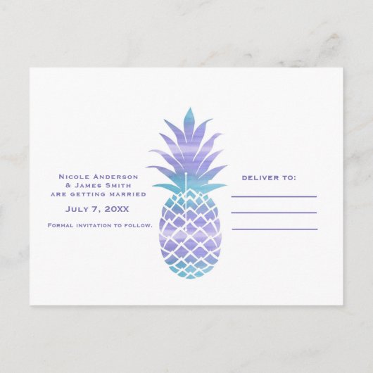 Aqua Teal Paarse Ananas Tropisch Save the Date Aankondigingskaart (Achterkant)