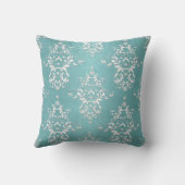 Aqua Teal Turquoise en Witte Bloemendamasker Kussen (Achterkant)