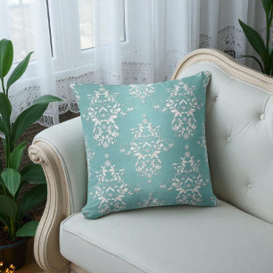 Aqua Teal Turquoise en Witte Bloemendamasker Kussen