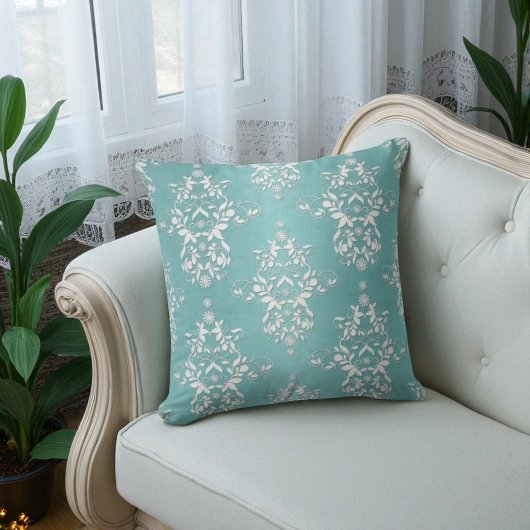 Aqua Teal Turquoise en Witte Bloemendamasker Kussen