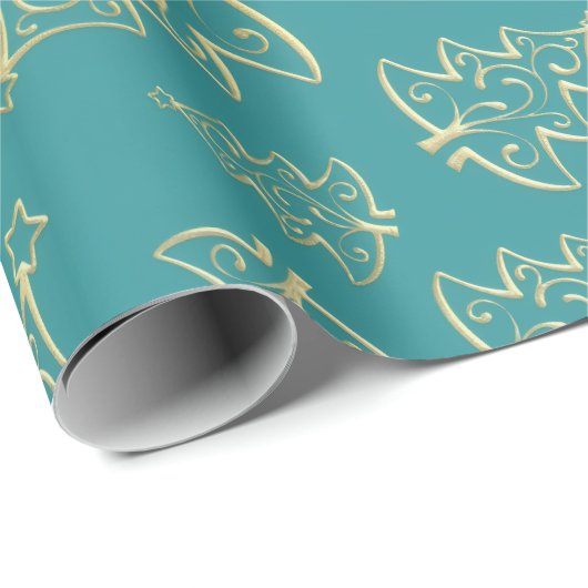  Aqua & Teal Xmas Wrapping Paper with Gold Accents Cadeaupapier (Rol Hoek)