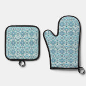 Aqua, Teals, Blues & Witte Art Deco Kust  Ovenwant & Pannenlap Set (Voorkant)