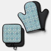 Aqua, Teals, Blues & Witte Art Deco Kust  Ovenwant & Pannenlap Set (Voorkant / Achterkant)