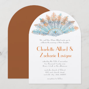 Aqua Terracotta Koraal  Veer Fan Wedding Kaart