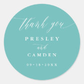 Aqua Thank You Wedding Calligraphy Favor Labels (Voorkant)