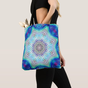 Aqua to royal blue kaleidoscoop met acht punten st tote bag
