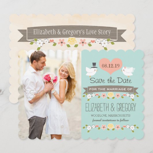 Aqua Tortelduifjes Wedding Save the Date Card (Voorkant / Achterkant)