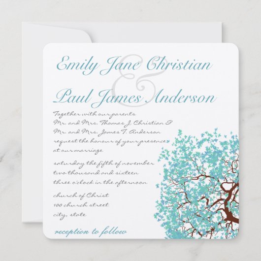 Aqua Tree Brown Trunk Wedding Invites Kaart (Voorkant)