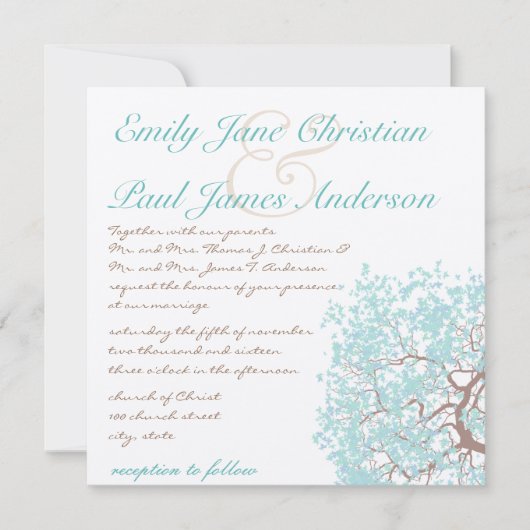 Aqua Tree Brown Trunk Wedding Invites Kaart (Voorkant)