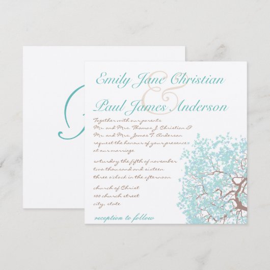 Aqua Tree Brown Trunk Wedding Invites Kaart (Voorkant / Achterkant)