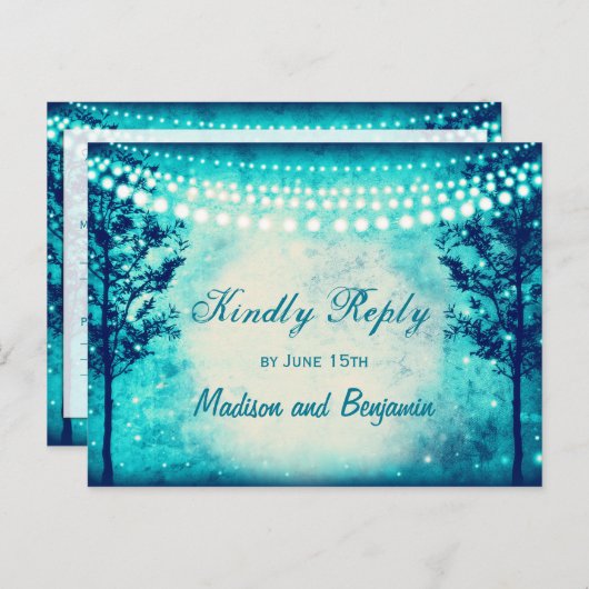 Aqua Trees String Lights Wedding RSVP BRIEFKAARTEN (Voorkant / Achterkant)