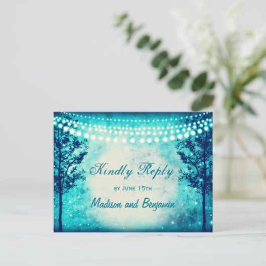 Aqua Trees String Lights Wedding RSVP BRIEFKAARTEN (Staand voorkant)
