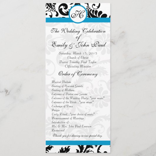 Aqua Trim Black Damask Wedding Program Programmakaart (Voorkant)