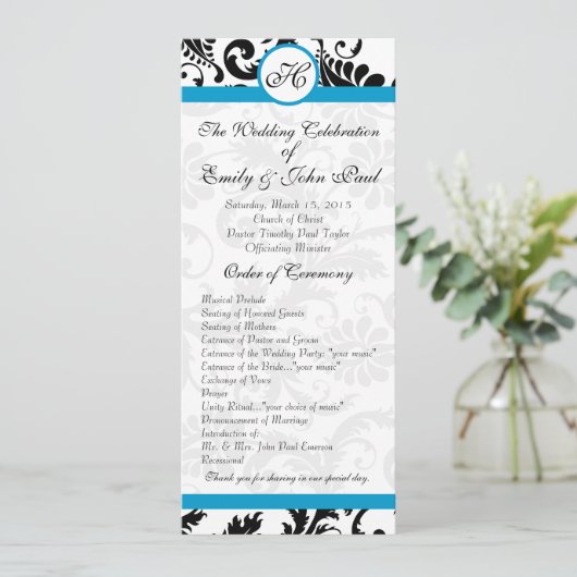 Aqua Trim Black Damask Wedding Program Programmakaart (Staand voorkant)