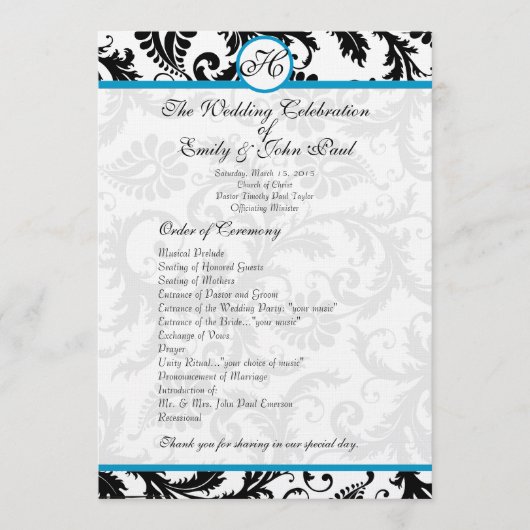 Aqua Trim Black Damask Wedding Program Programmakaart (Voorkant)
