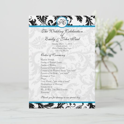Aqua Trim Black Damask Wedding Program Programmakaart (Staand voorkant)