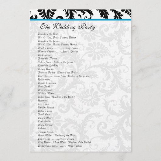 Aqua Trim Black Damask Wedding Program Programmakaart (Achterkant)
